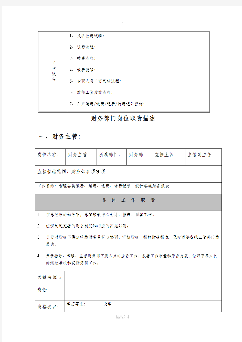 教育培训机构财务部门职能说明书