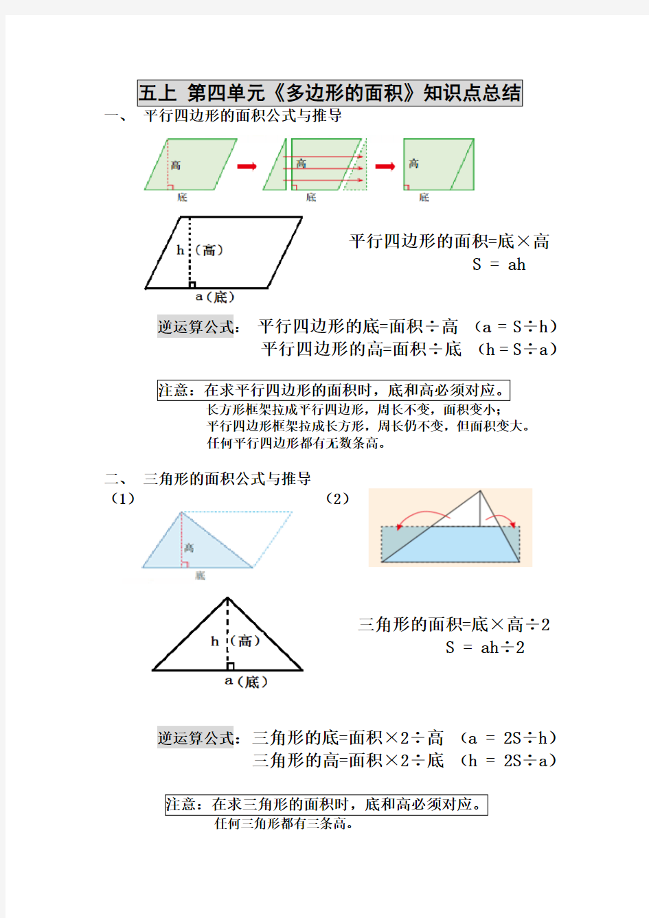 新北师大版五年级上册数学第四单元《多边形的面积》知识点总结(全)