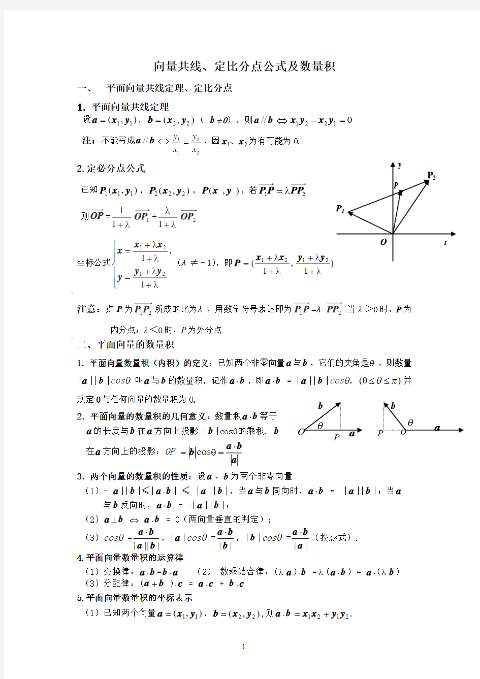 向量共线、定比分点公式及数量积(补课)