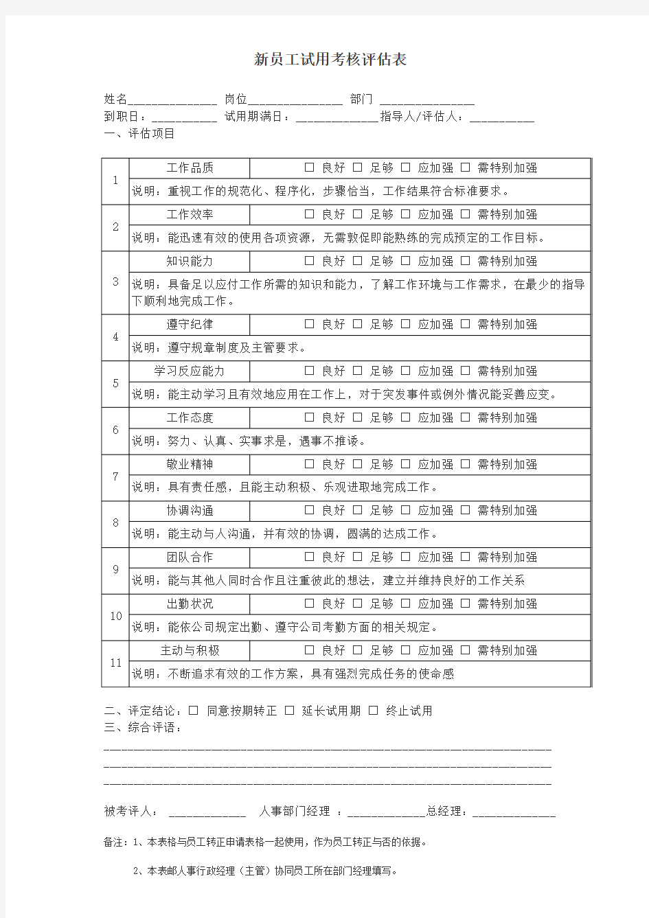 新员工试用期转正评估表