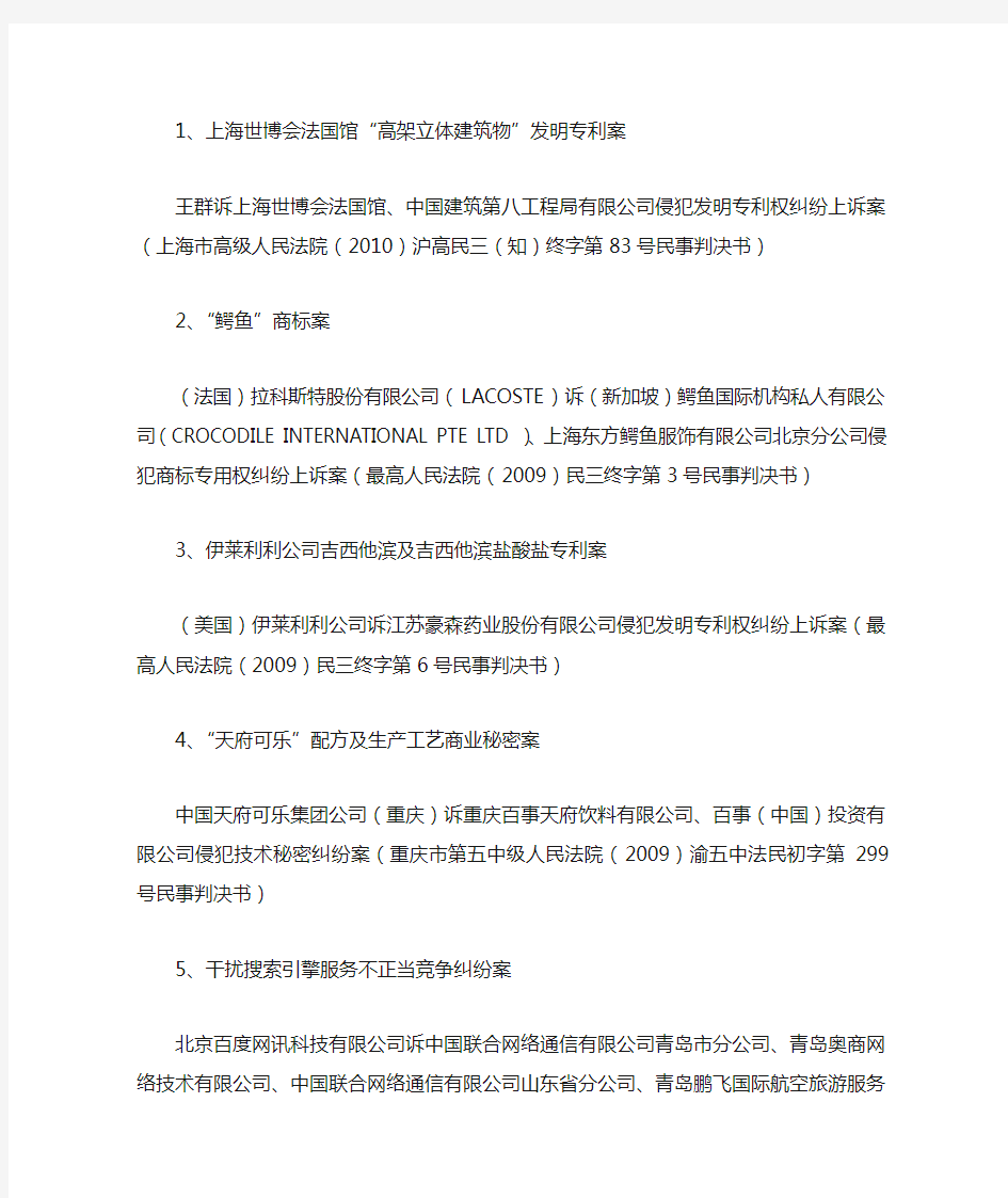 2010年中国法院知识产权司法保护10大案件和50件典型案例