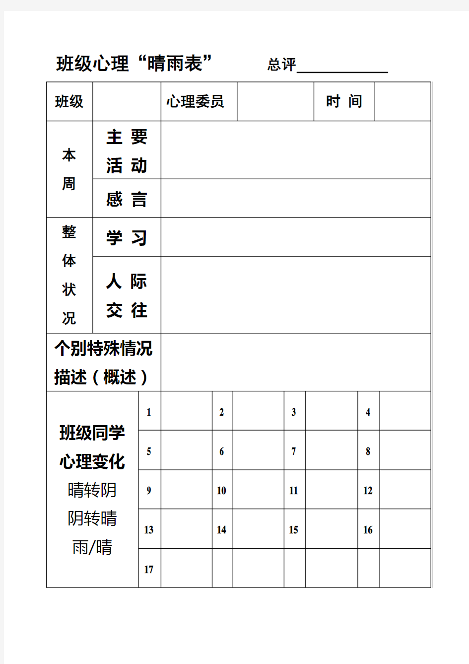 班级心理晴雨表