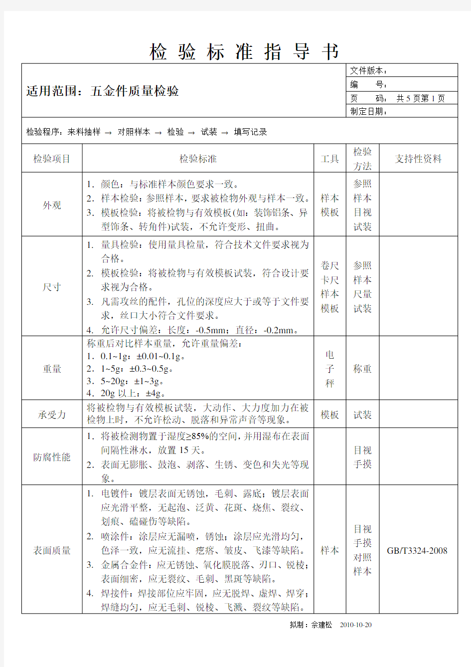 家具五金检验标准指导书