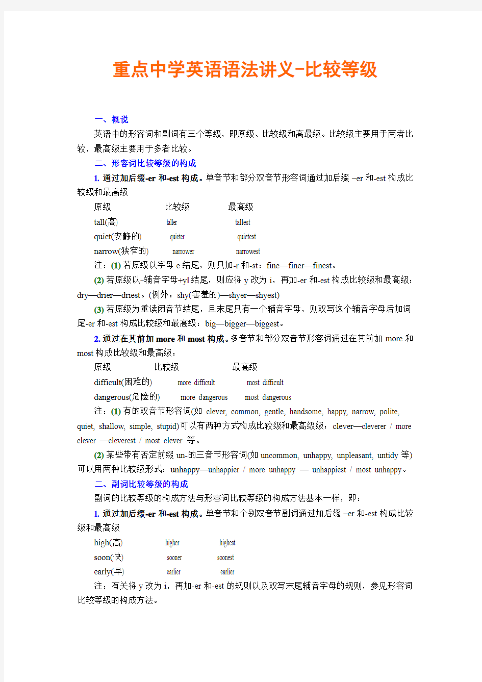 重点中学英语语法讲义比较级、最高级