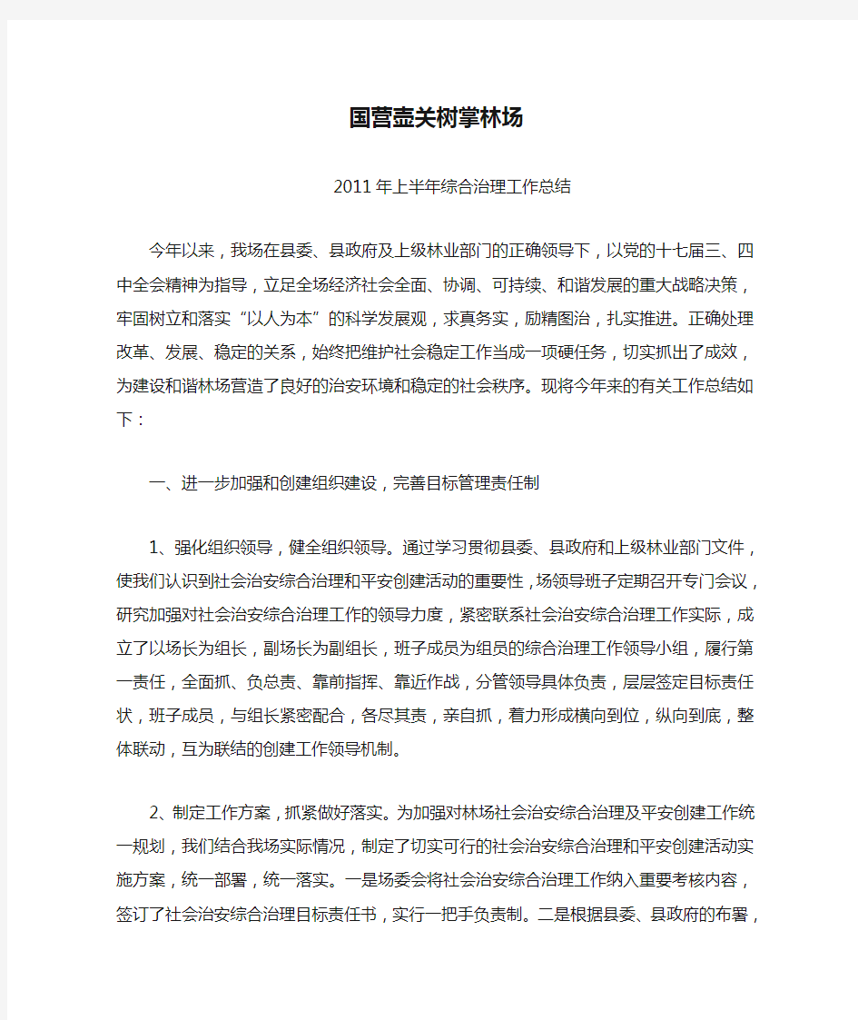 国营壶关树掌林场综合治理工作总结