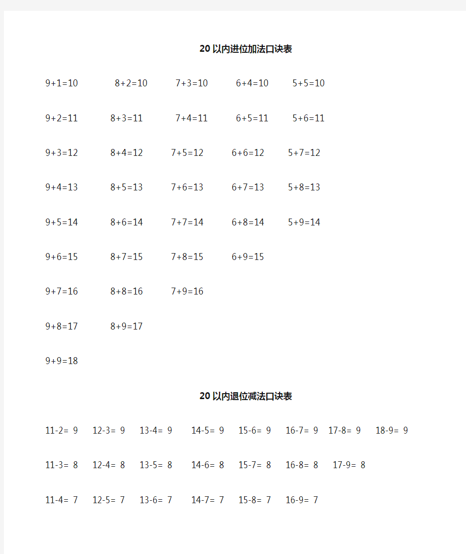 20以内进位加法和退位减法口诀表