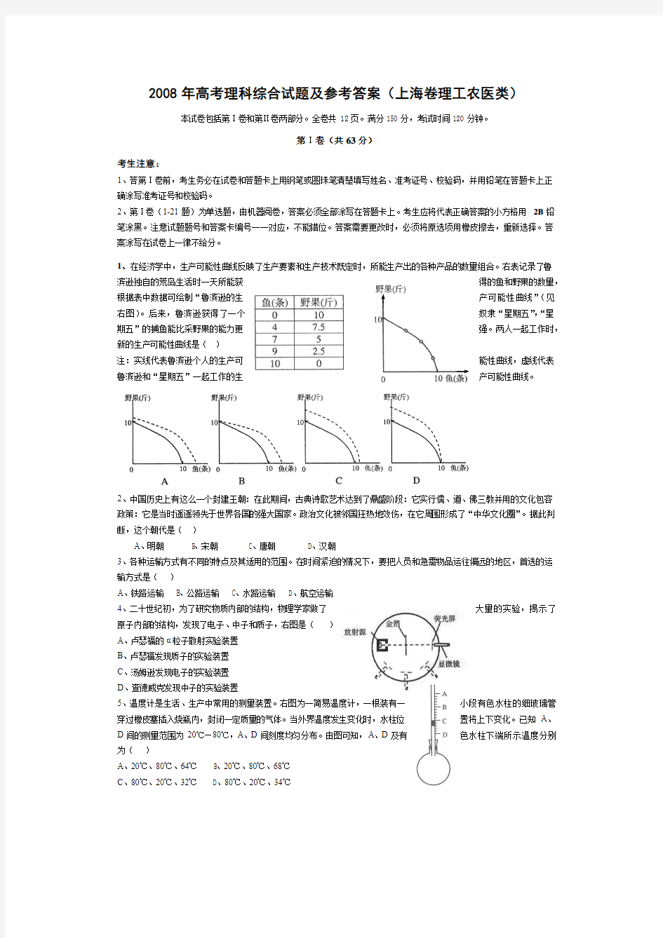 2008年高考理科综合试题及参考答案(上海卷)