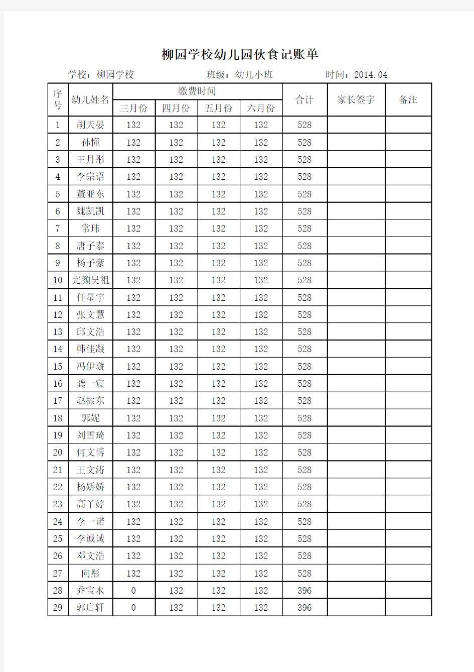 学校幼儿园伙食记账单(1)