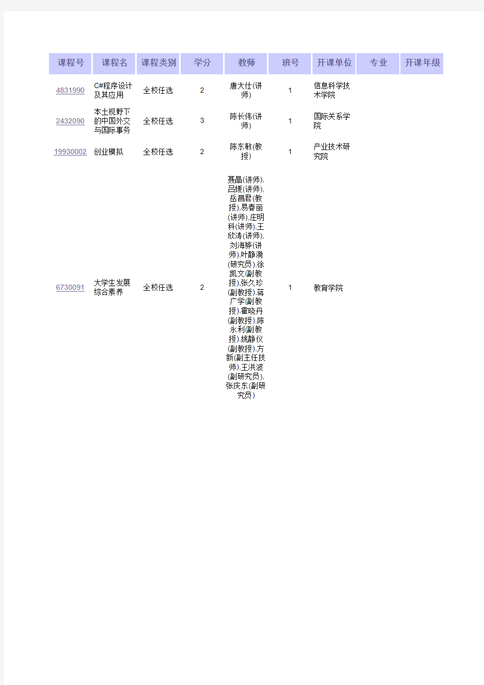 北京大学2014年秋季课程表(公选课)