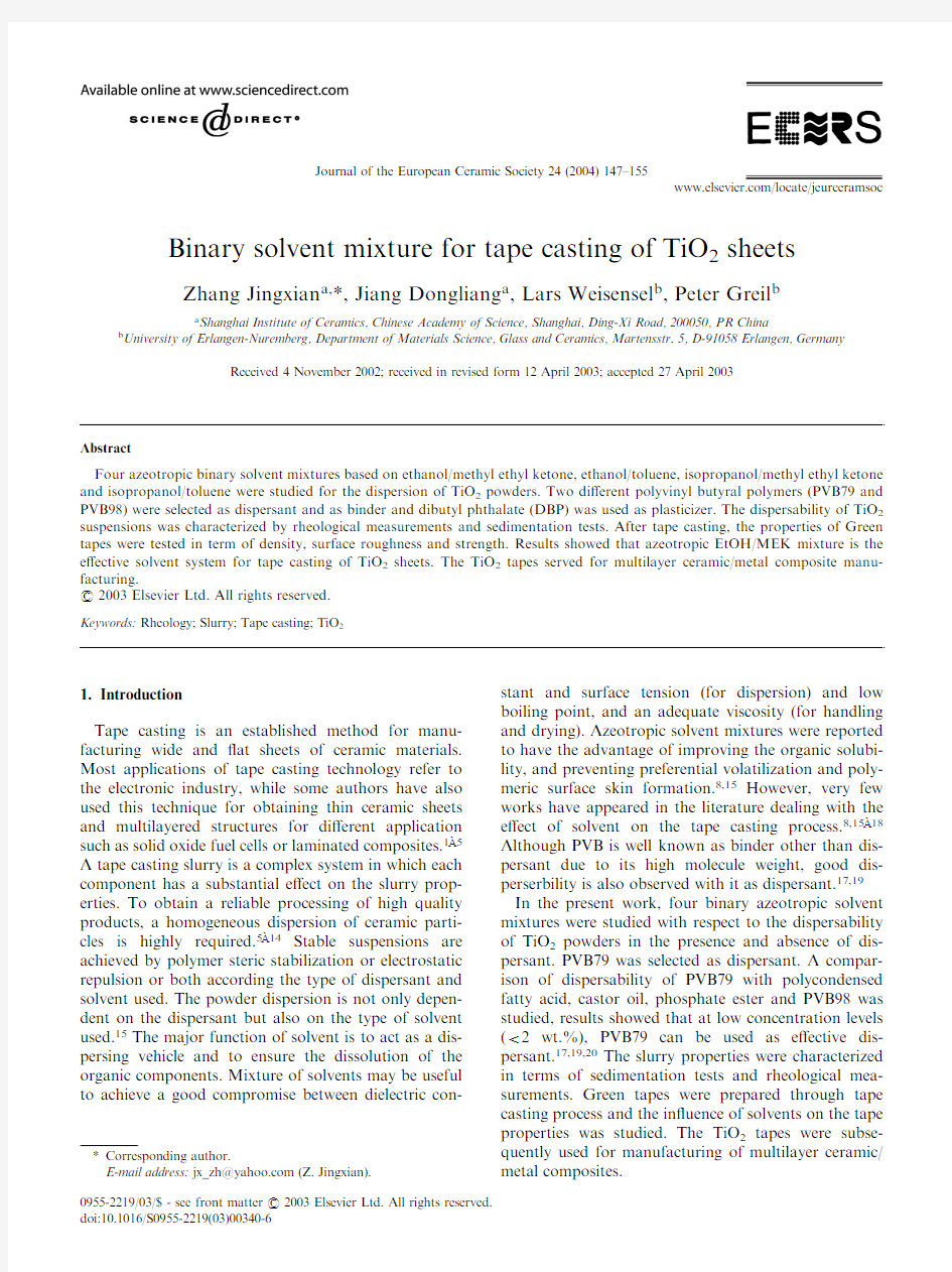 Binary solvent mixture for tape casting of TiO2 sheets