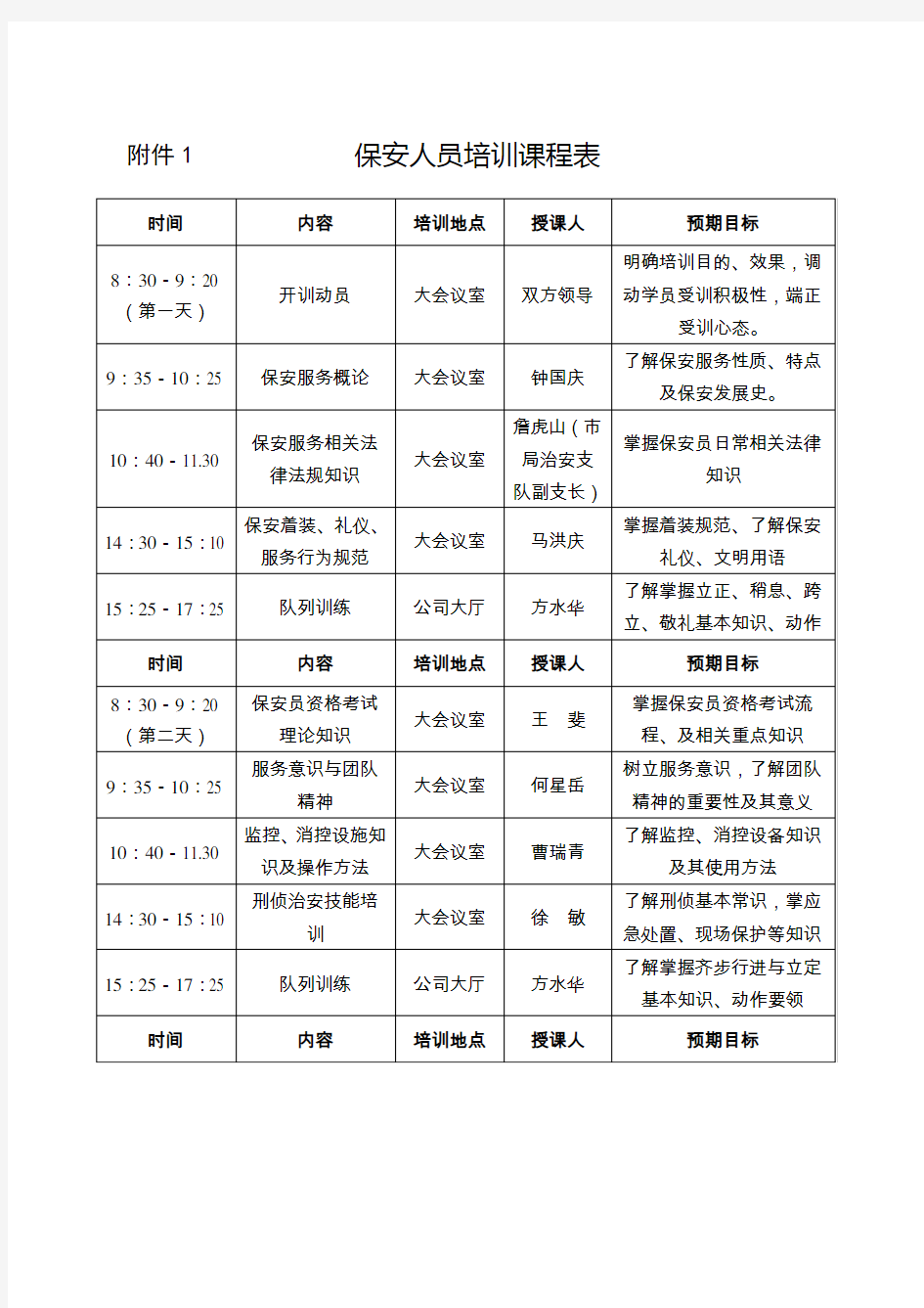 保安培训课程表(完整版)讲解学习