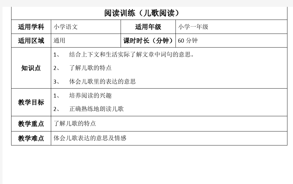 小学一年级阅读训练教案