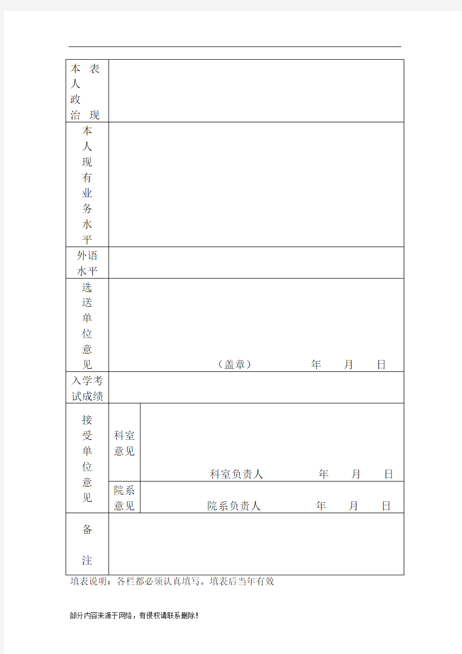 医院进修申请表模板