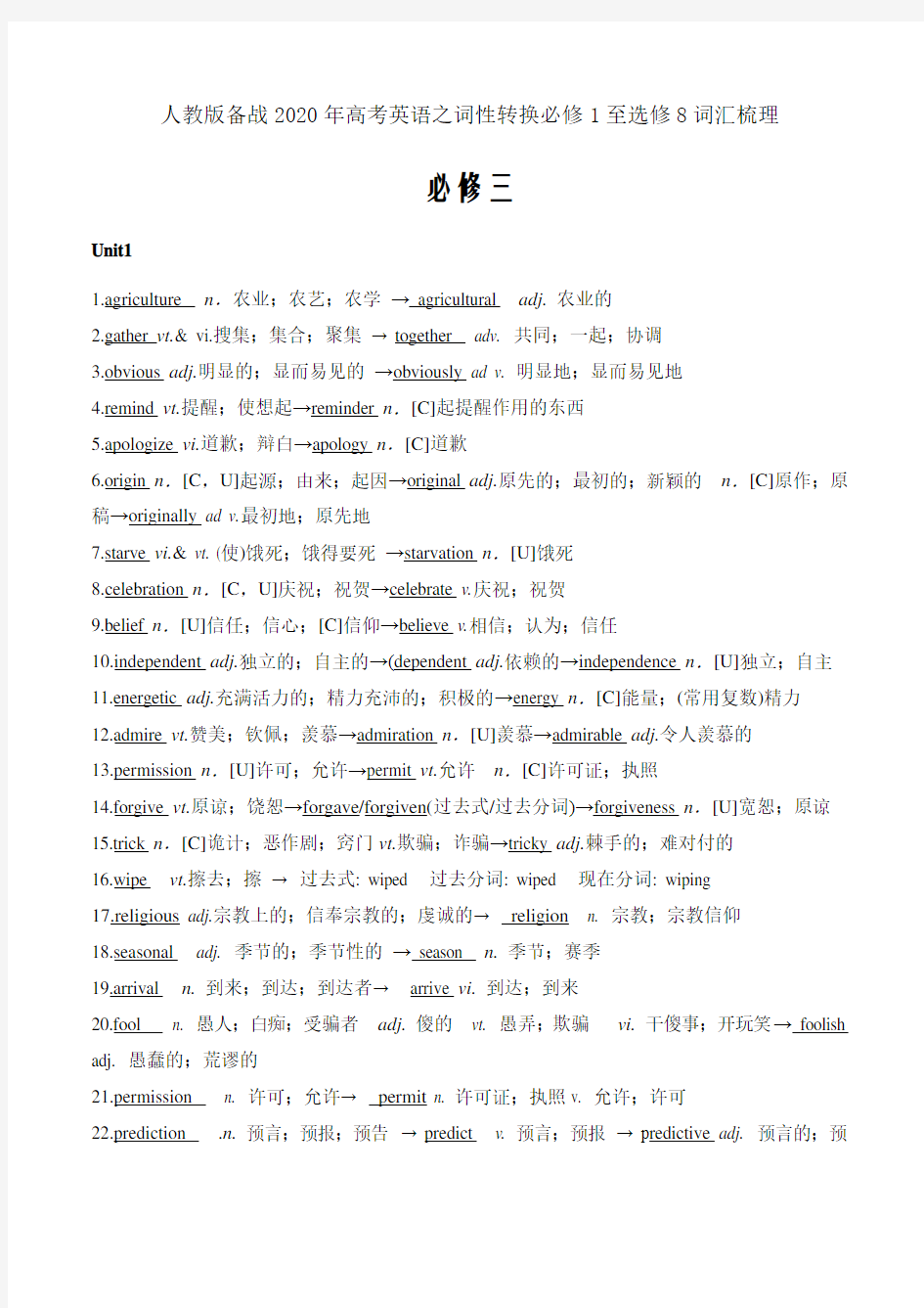 人教版高中英语必修3重点词词性转换-备战2020年高考英语必修1至选修8词汇word版)