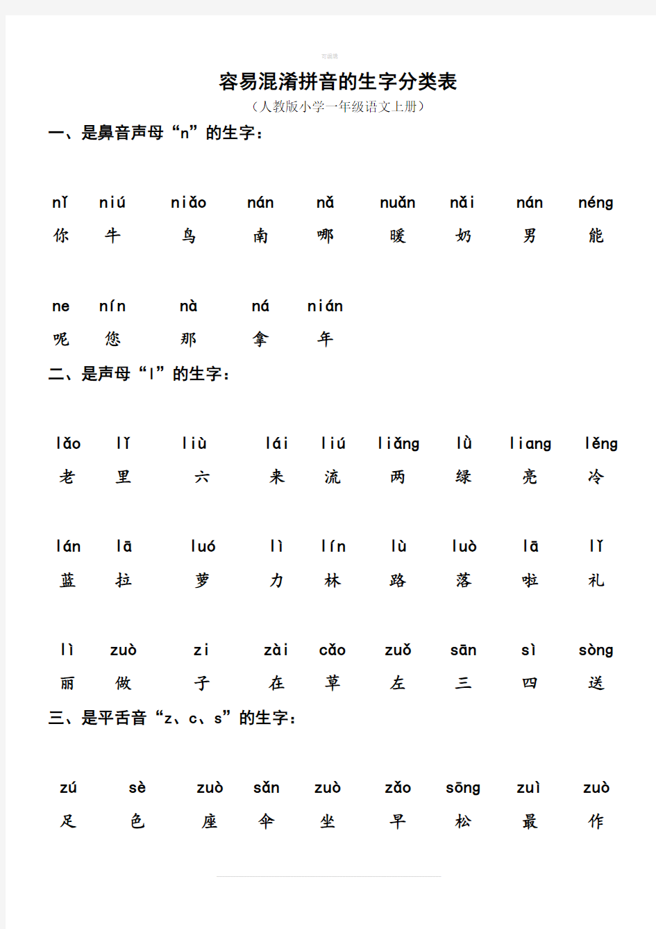 2018人教版一年级语文上册生字拼音复习资料