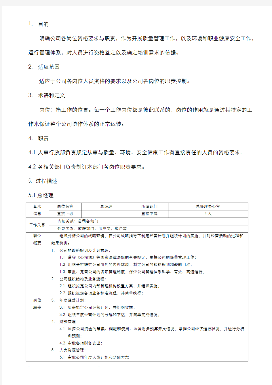 食品企业岗位说明书