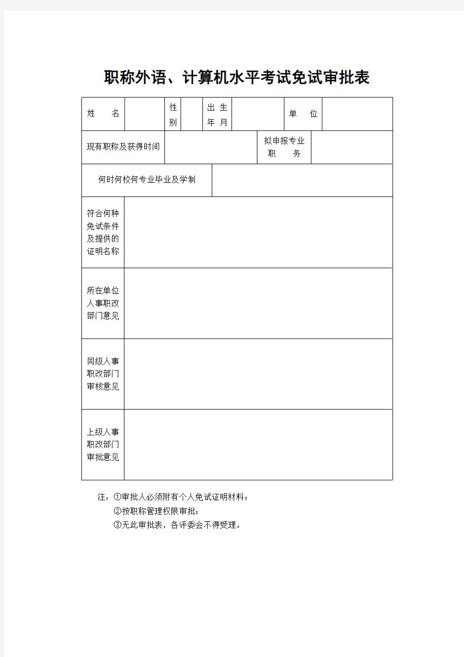 职称外语、计算机免考审批表