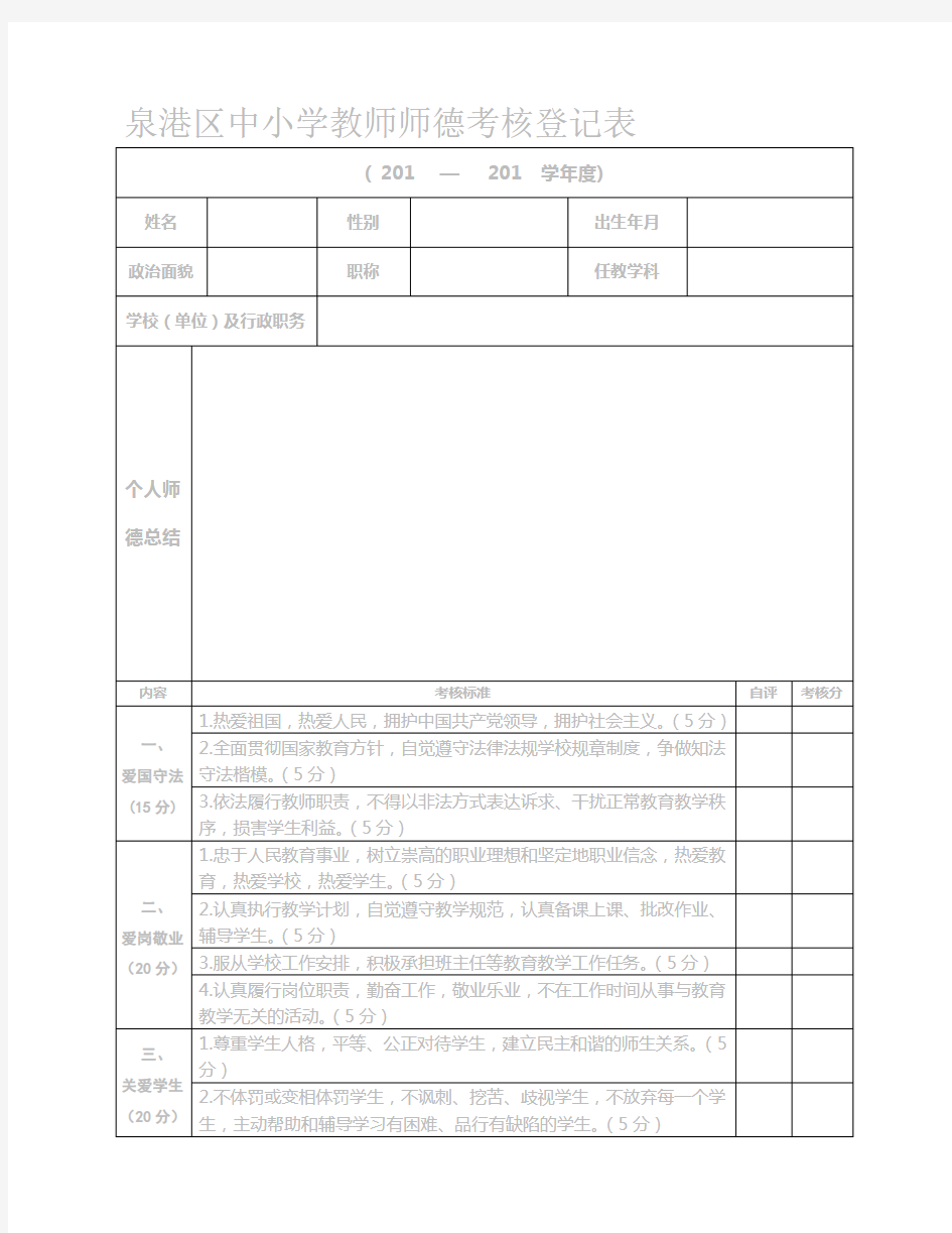 中小学教师师德考核登记表