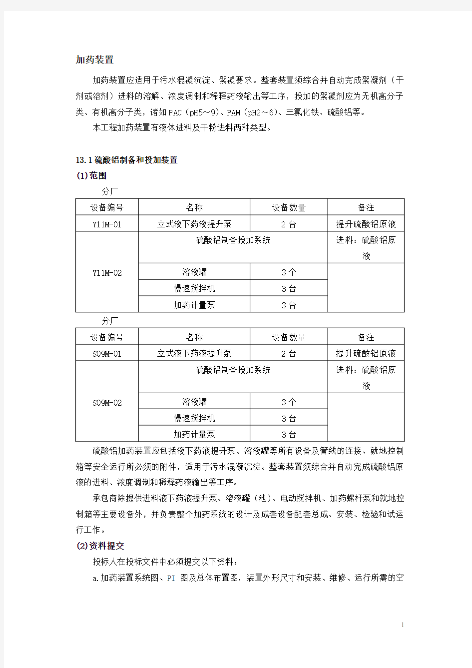 加药装置清单及技术描述