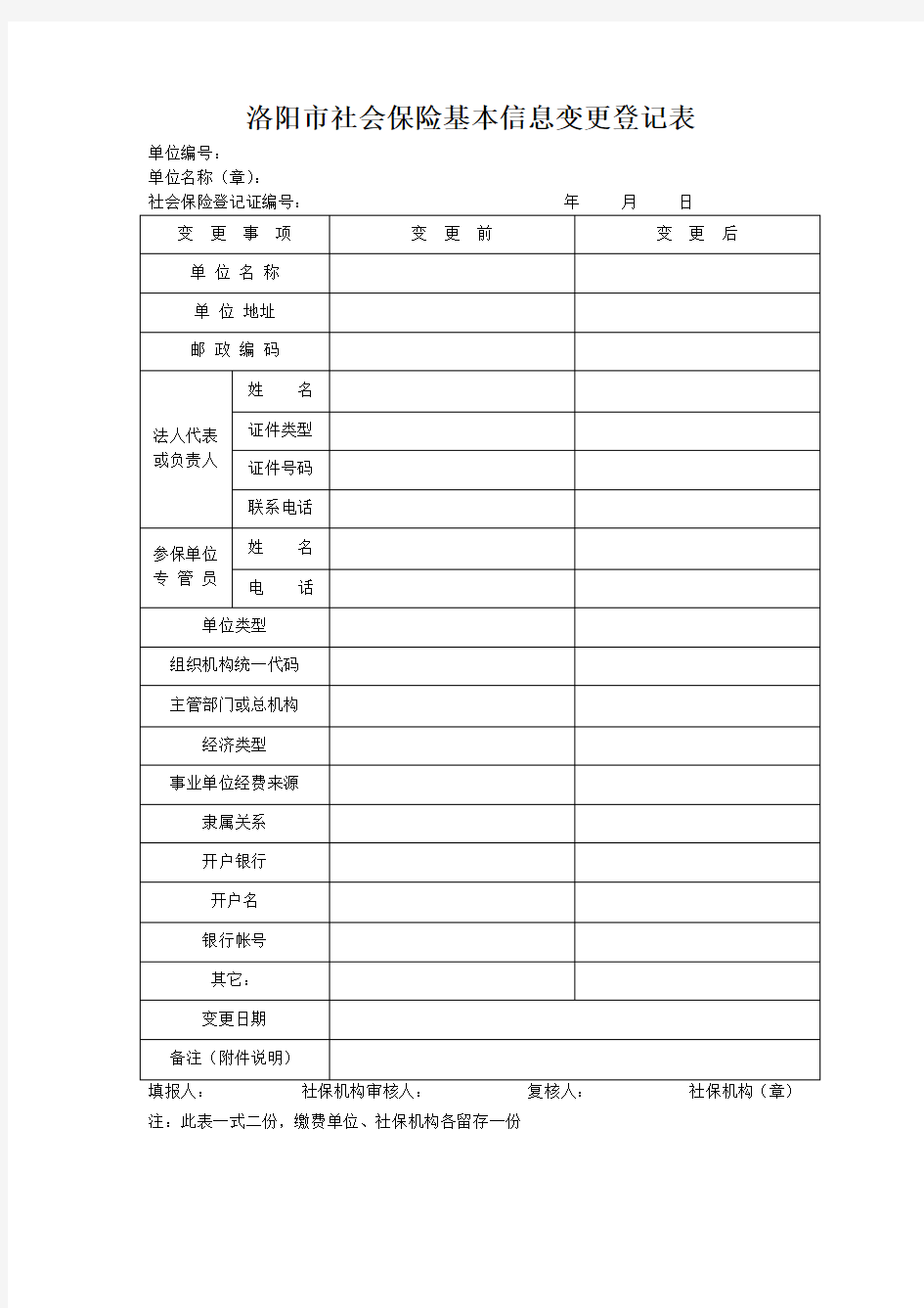 社会保险变更登记表(单位)