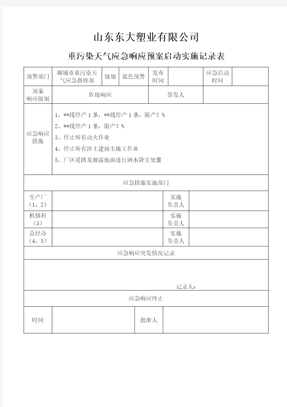 重污染天气应急响应启动实施记录表