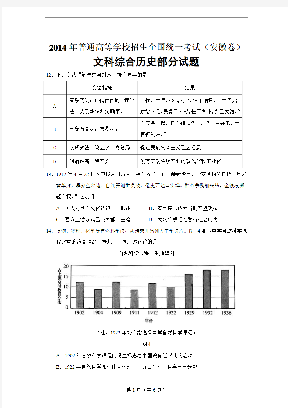 2014年高考安徽卷(文综历史部分)(含答案)
