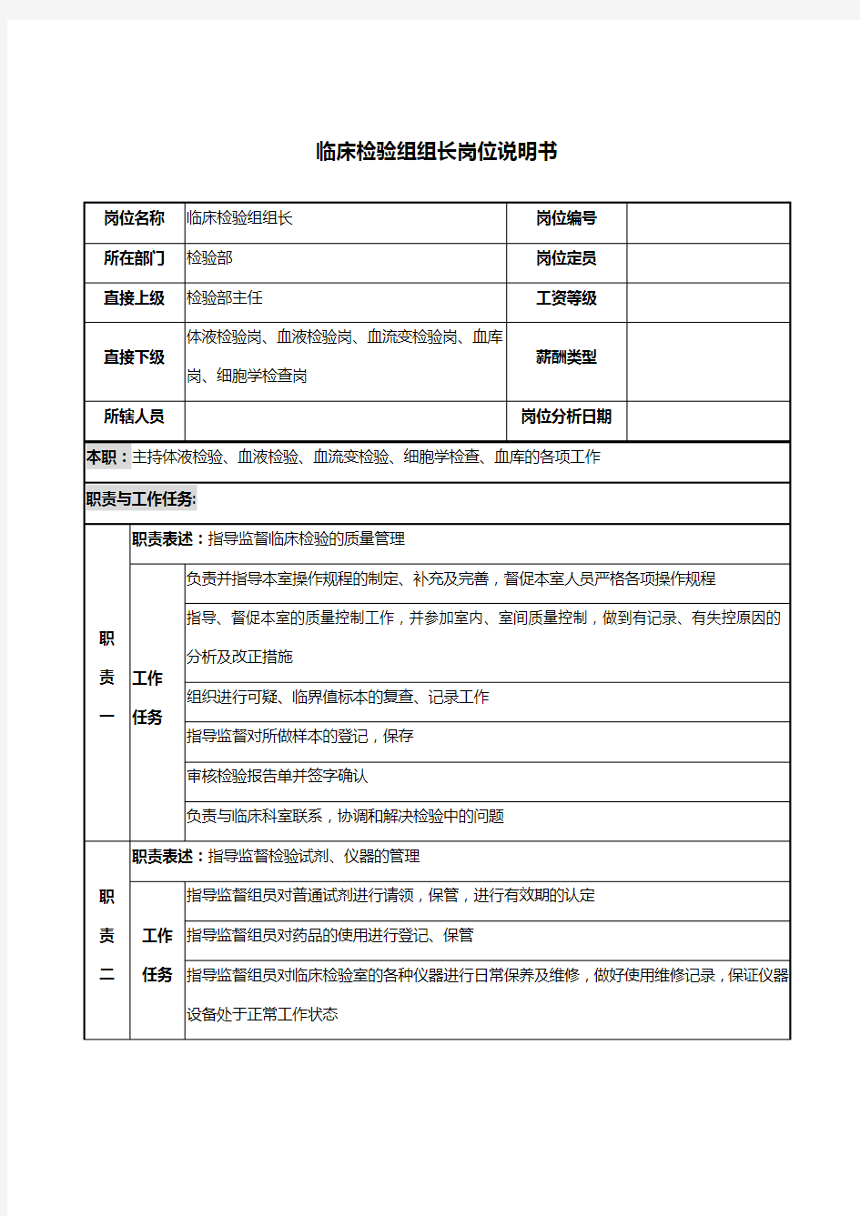 检验部临床检验组组长岗位职责