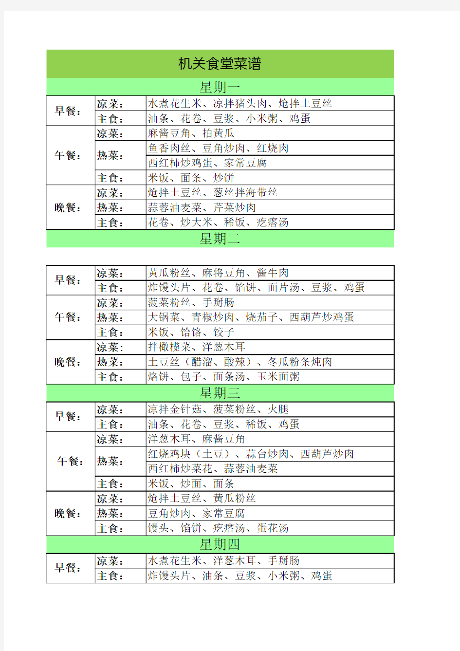 机关食堂菜谱