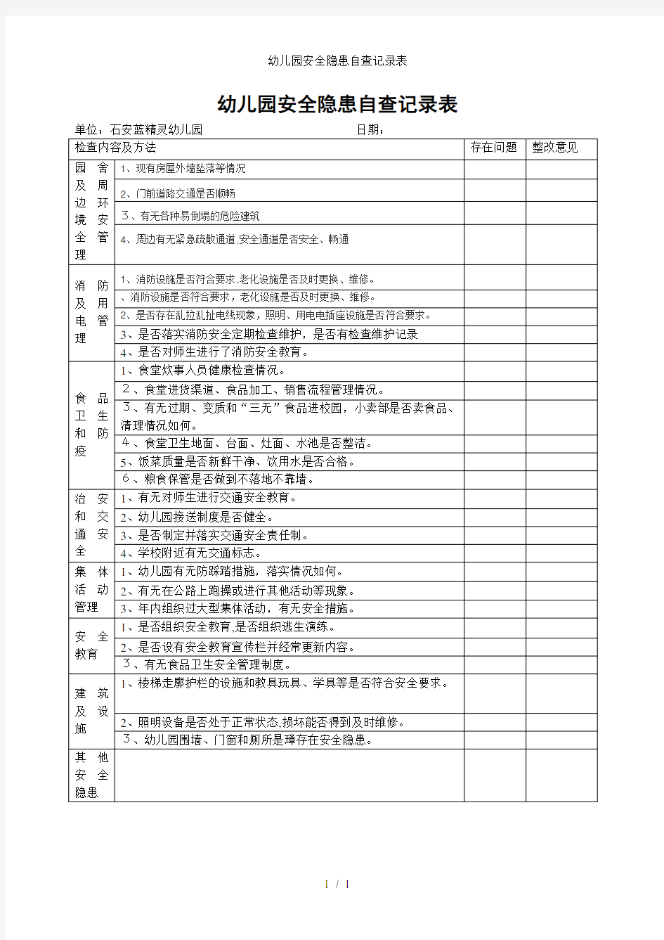 幼儿园安全隐患自查记录表