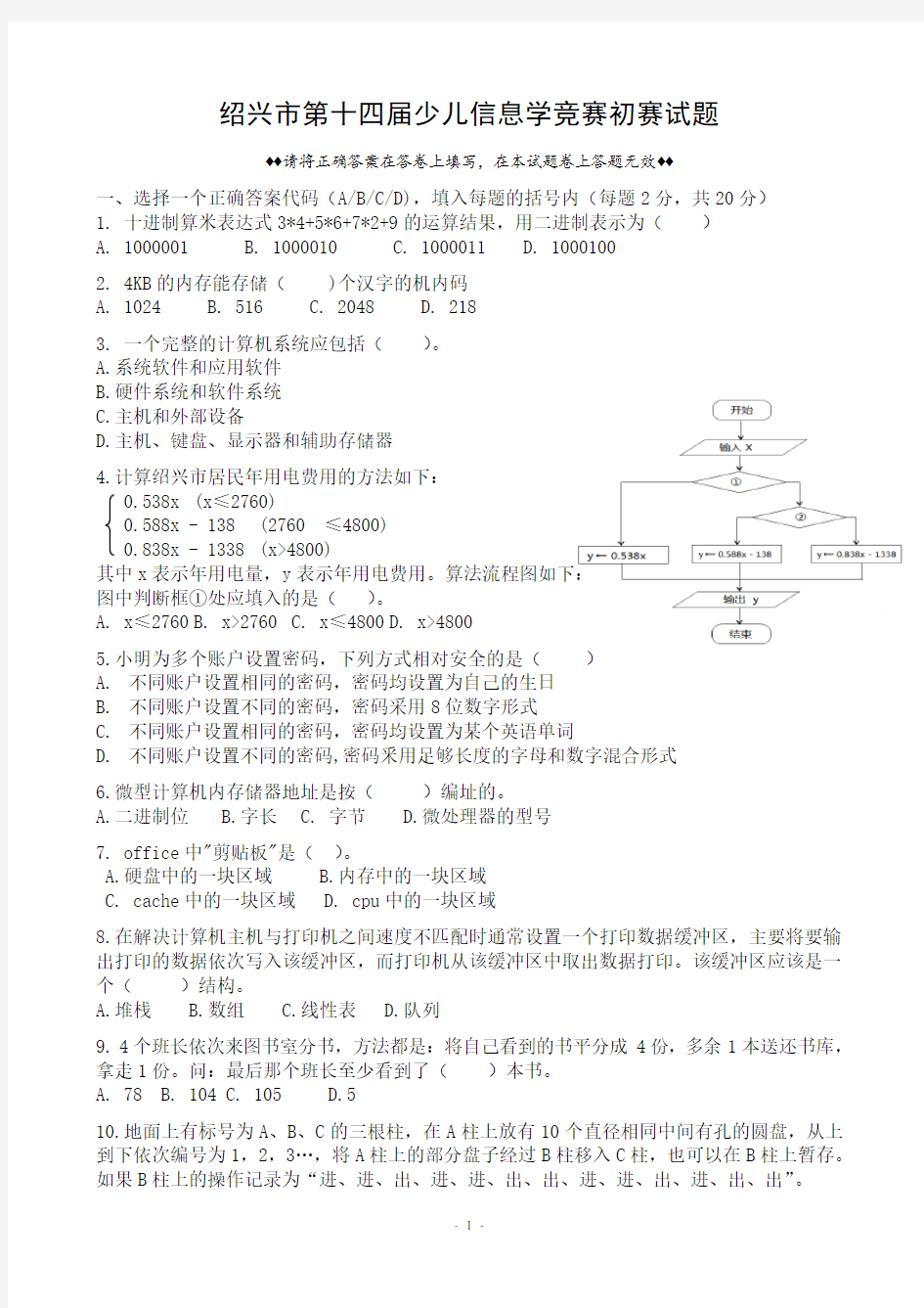 2016绍兴市第十四届少儿信息学竞赛初赛试题(修正)及参考答案