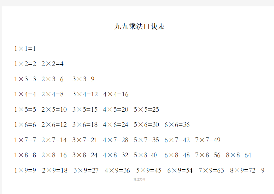 小学生九九乘法口诀表(打印版)