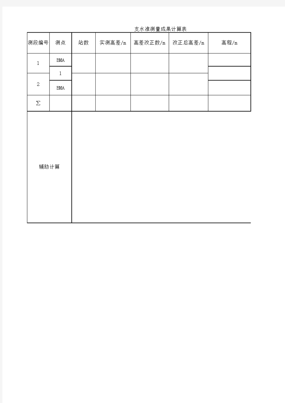 支水准路线测量成果计算表