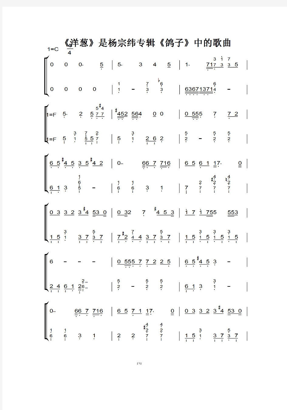 《洋葱》是杨宗纬专辑《鸽子》中的歌曲(原版)钢琴双手简谱 钢琴谱 钢琴简谱