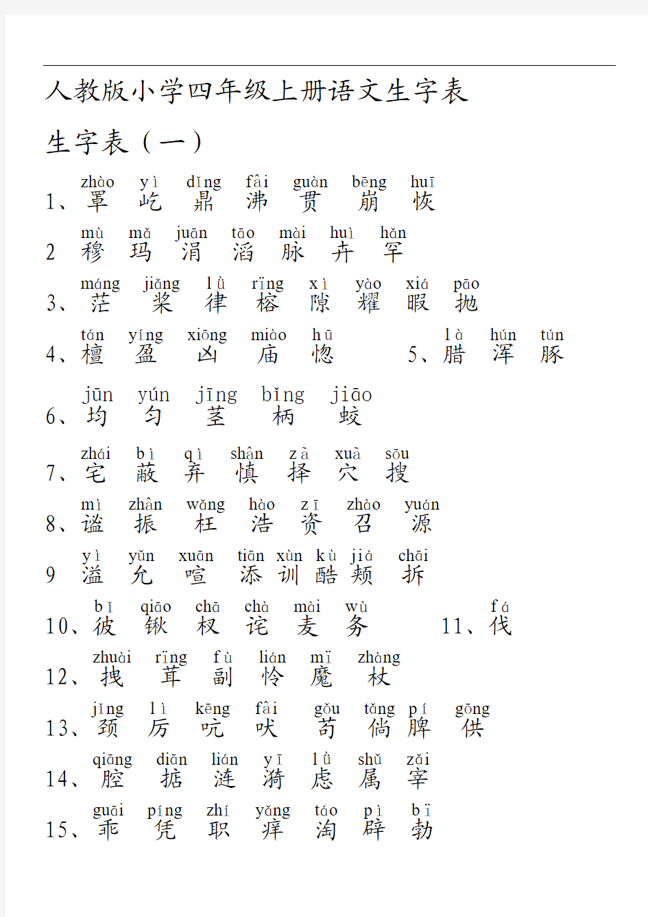 人教版小学四年级语文上册生字表(1)(2)附拼音