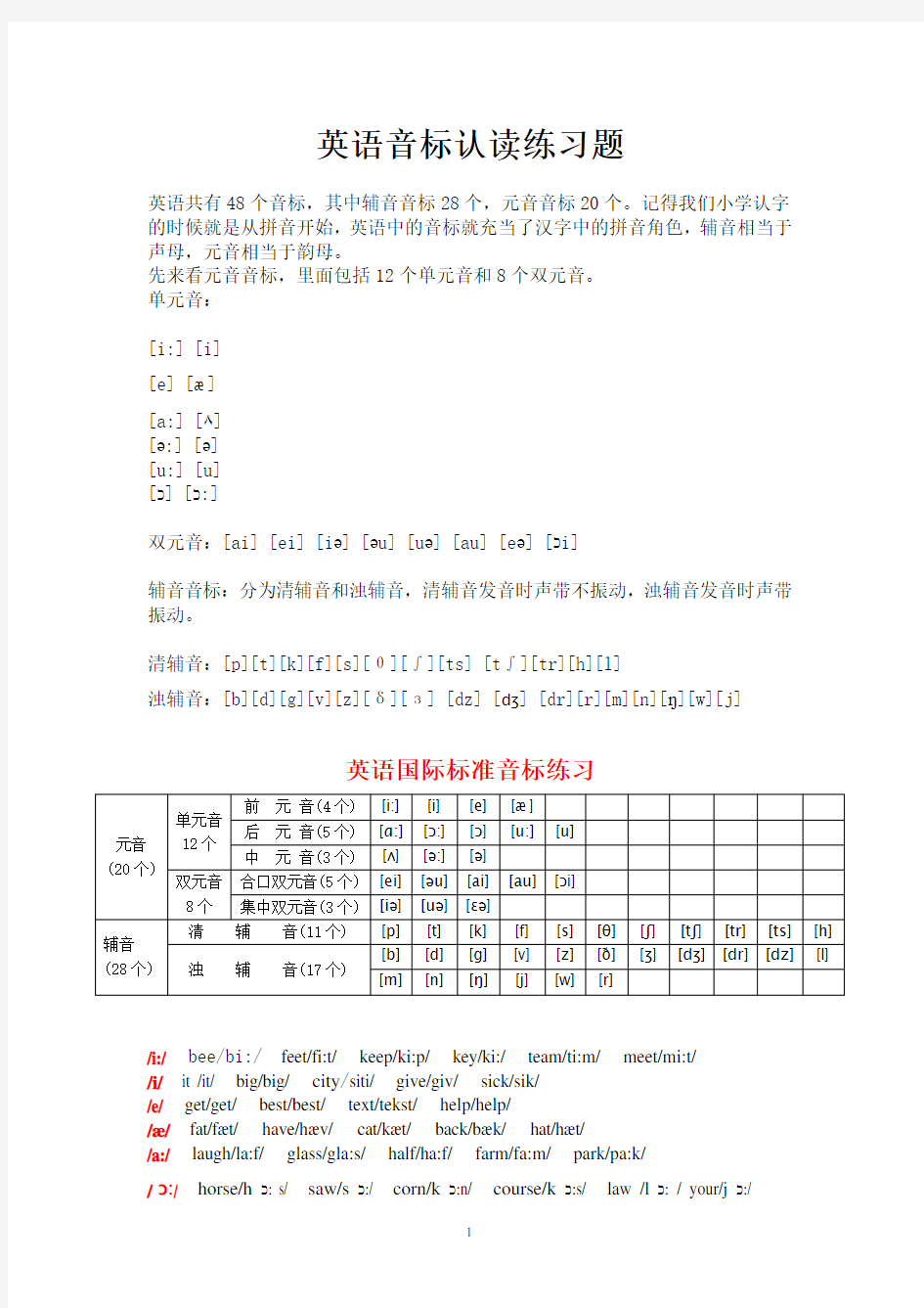 英语国际音标认读练习题