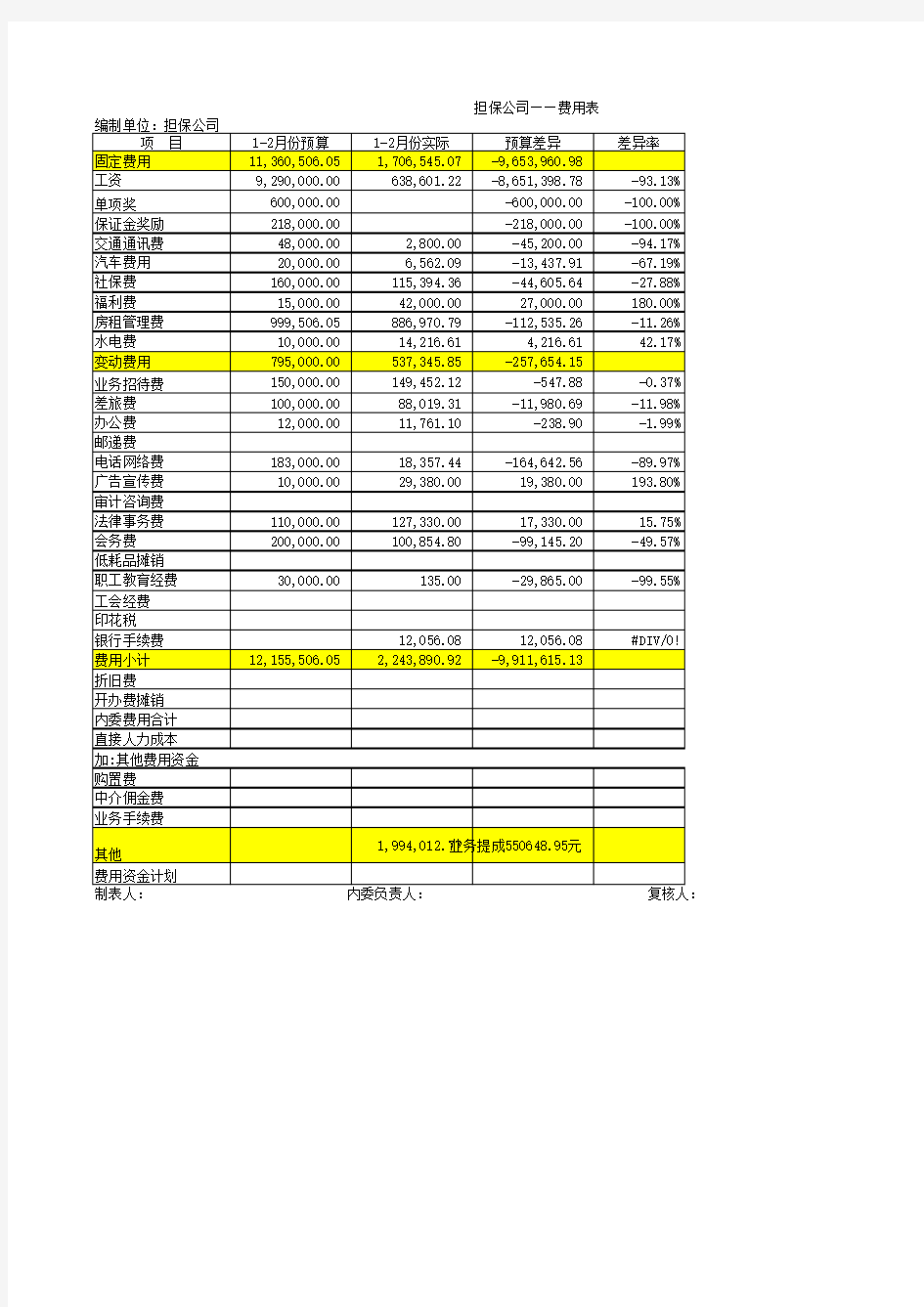 费用预算执行表