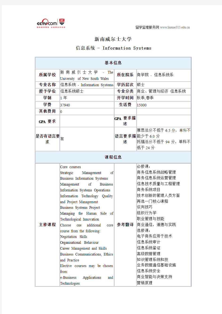 新南威尔士大学信息系统硕士录取