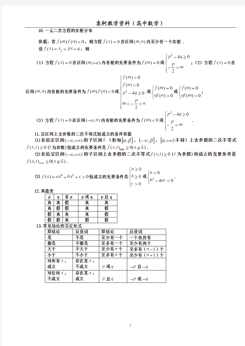 高中数学常用公式及常用结论