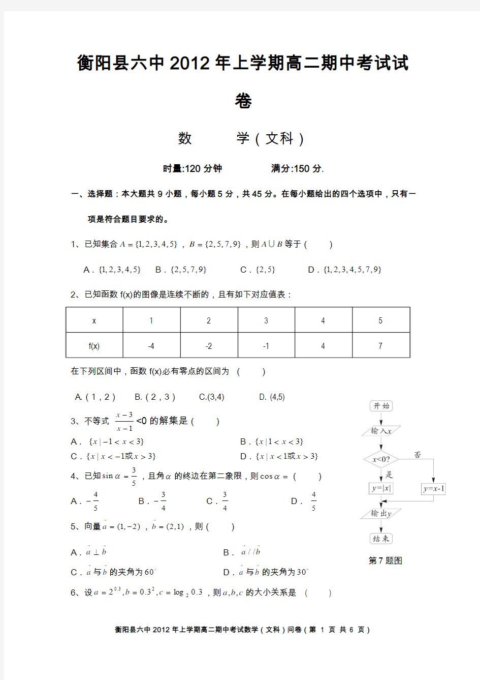 衡阳县六中2012年上学期高二期中考试试卷