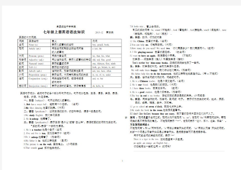 2013年人教版七年级上册英语语法知识