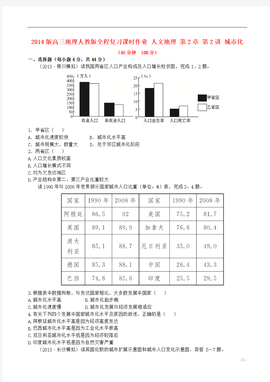 【全程复习方略】2014版高三地理 人文地理 第2章 第2讲 城市化课时作业 新人教版