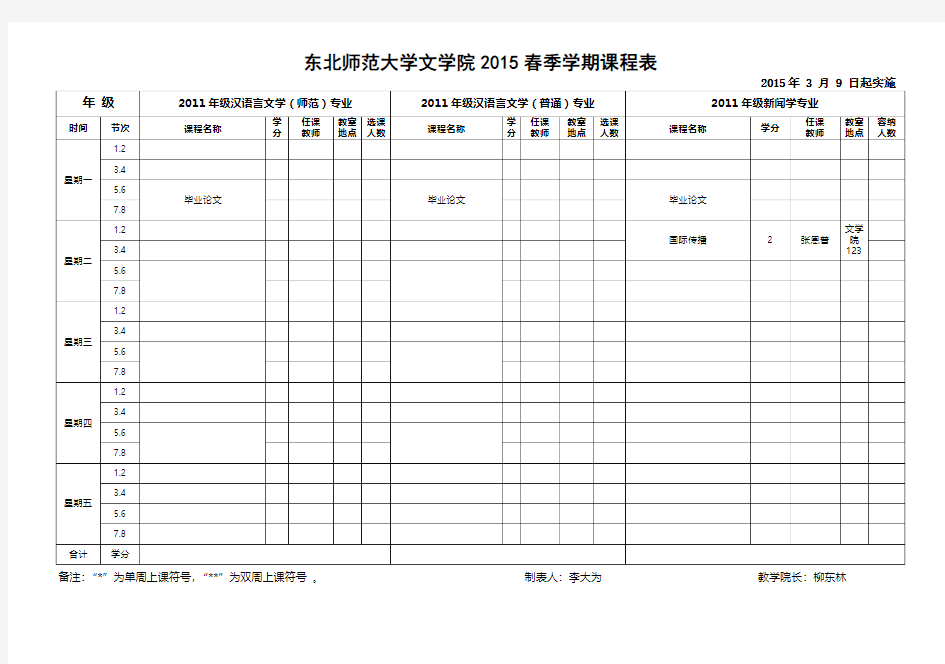 2015东北师大春季文学院本科生课表