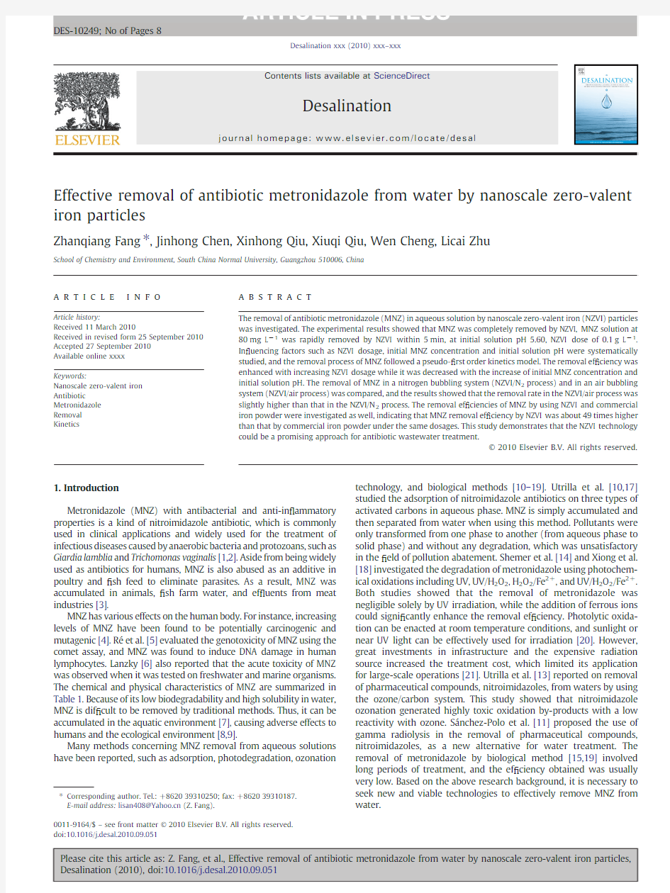 Effective removal of antibiotic metronidazole from water by nanoscale zero-valent iron particl