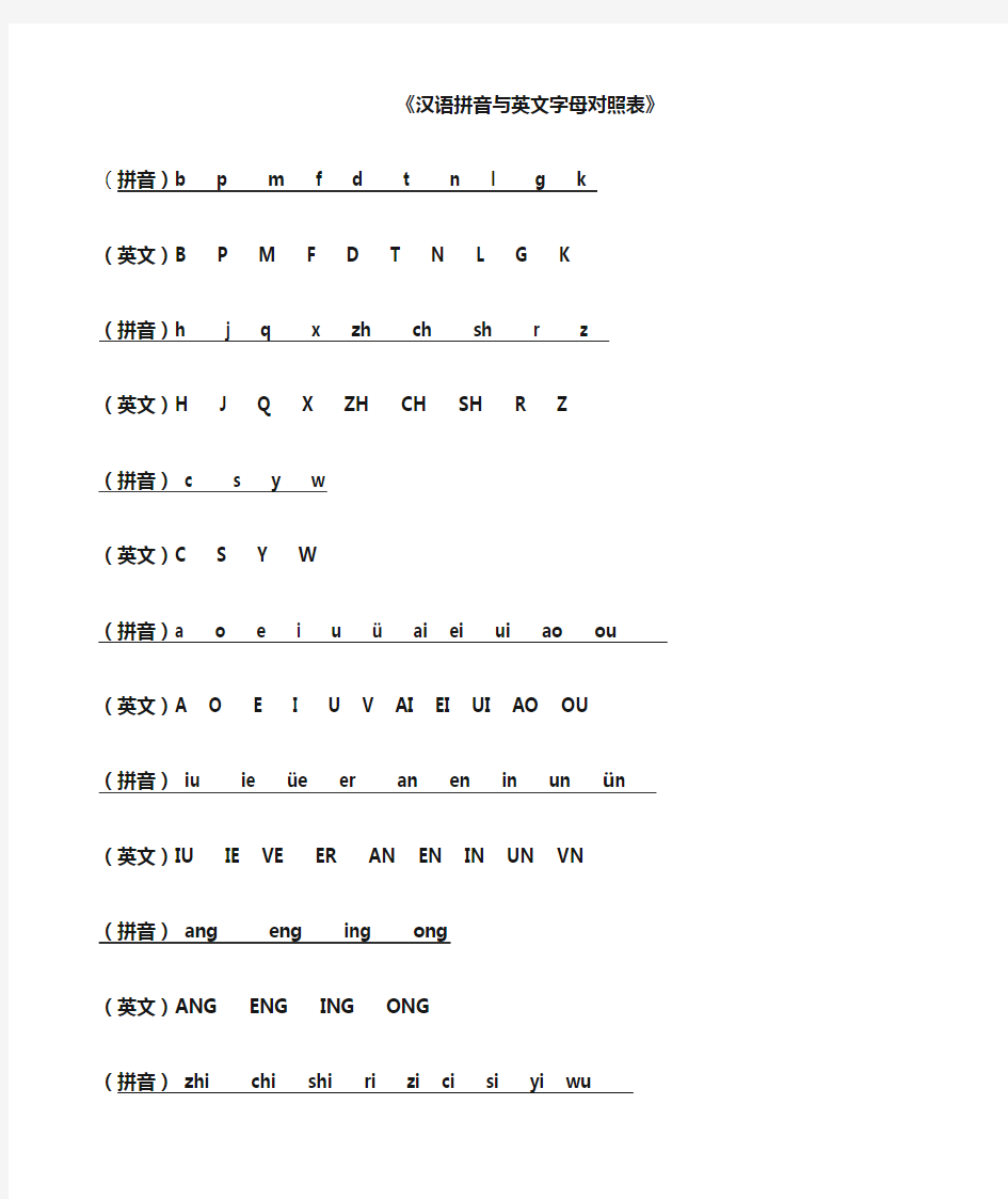汉语拼音和英文字母对照表