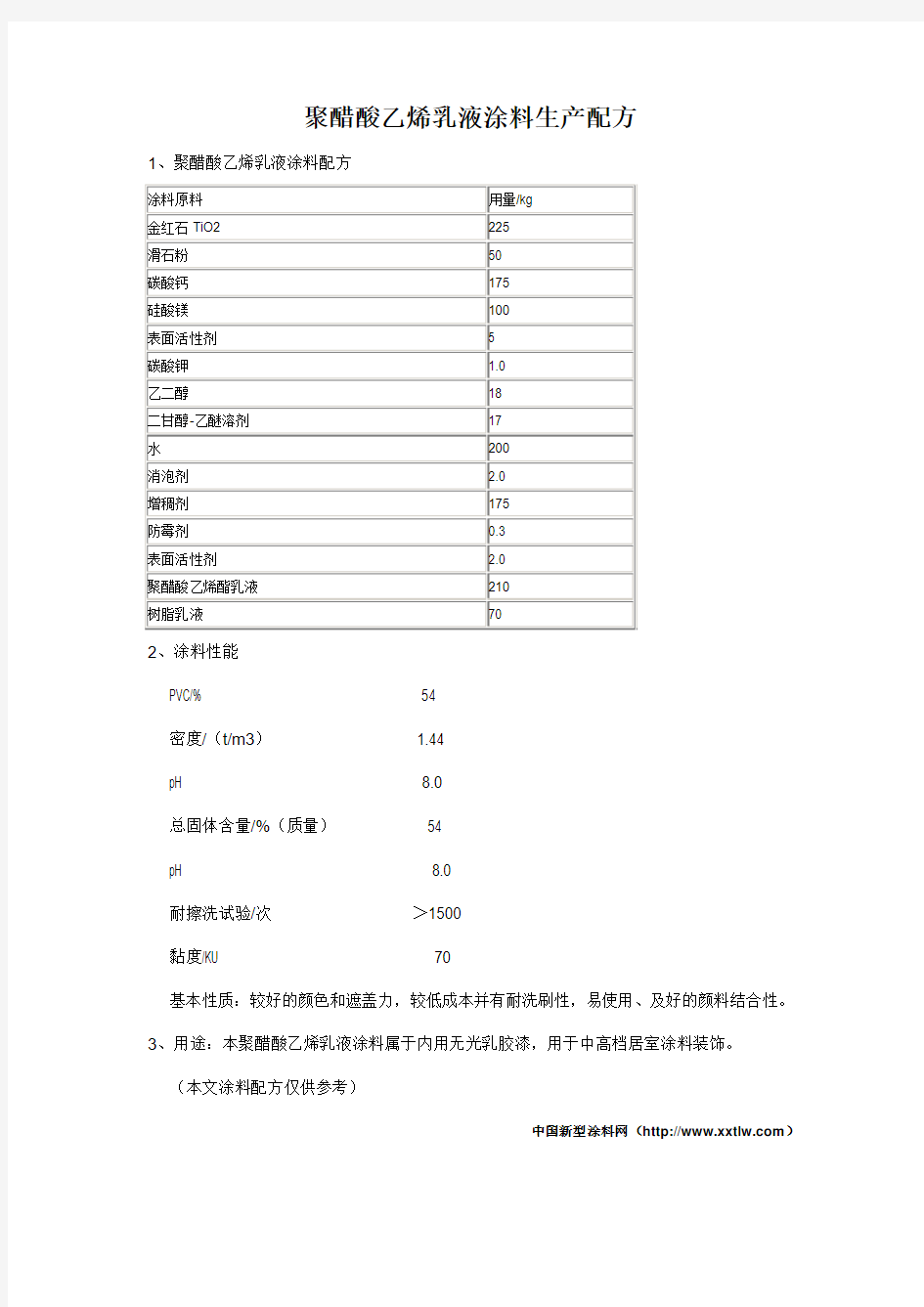 聚醋酸乙烯乳液涂料生产配方