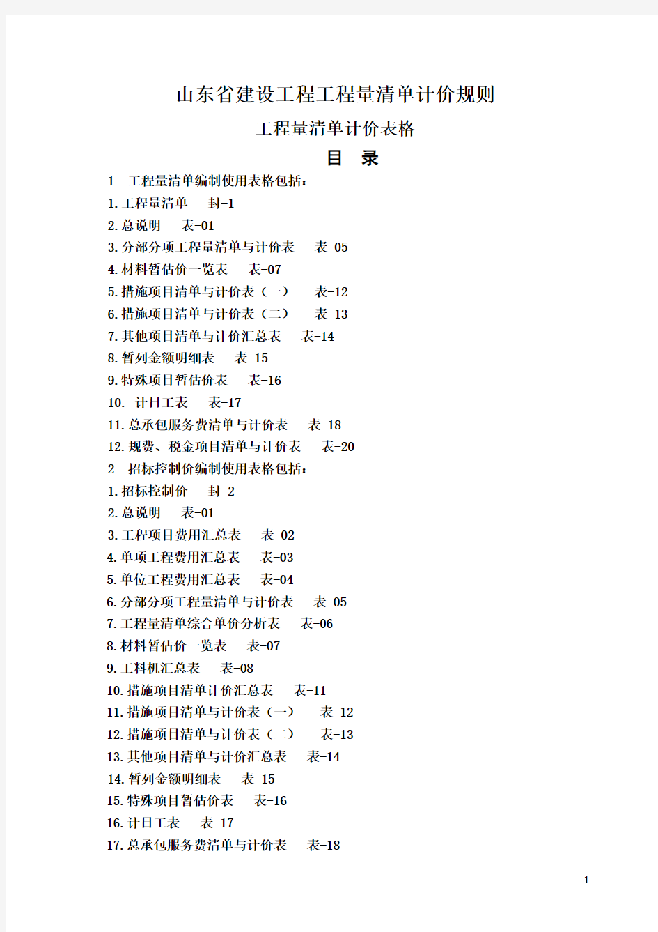 2011年山东省建设工程工程量清单计价规则表格样式