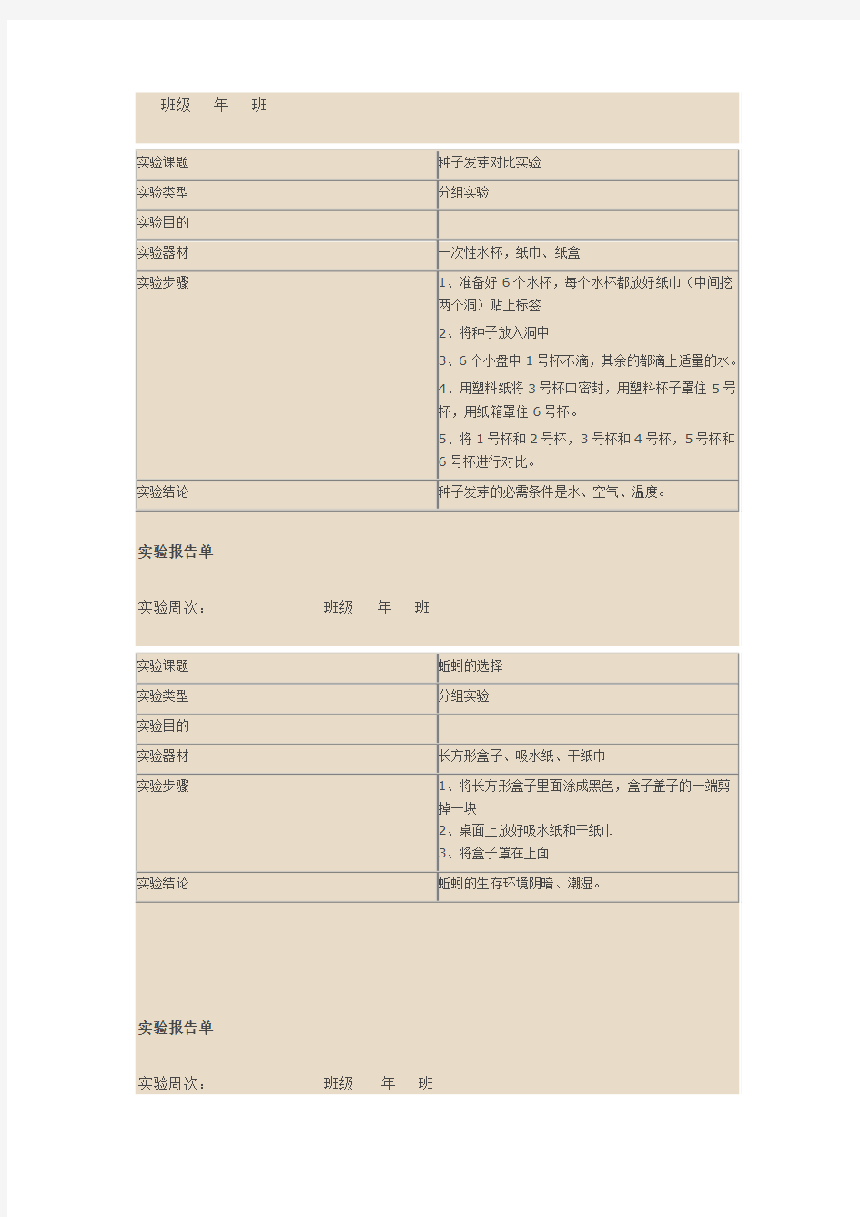 科学实验报告单填写