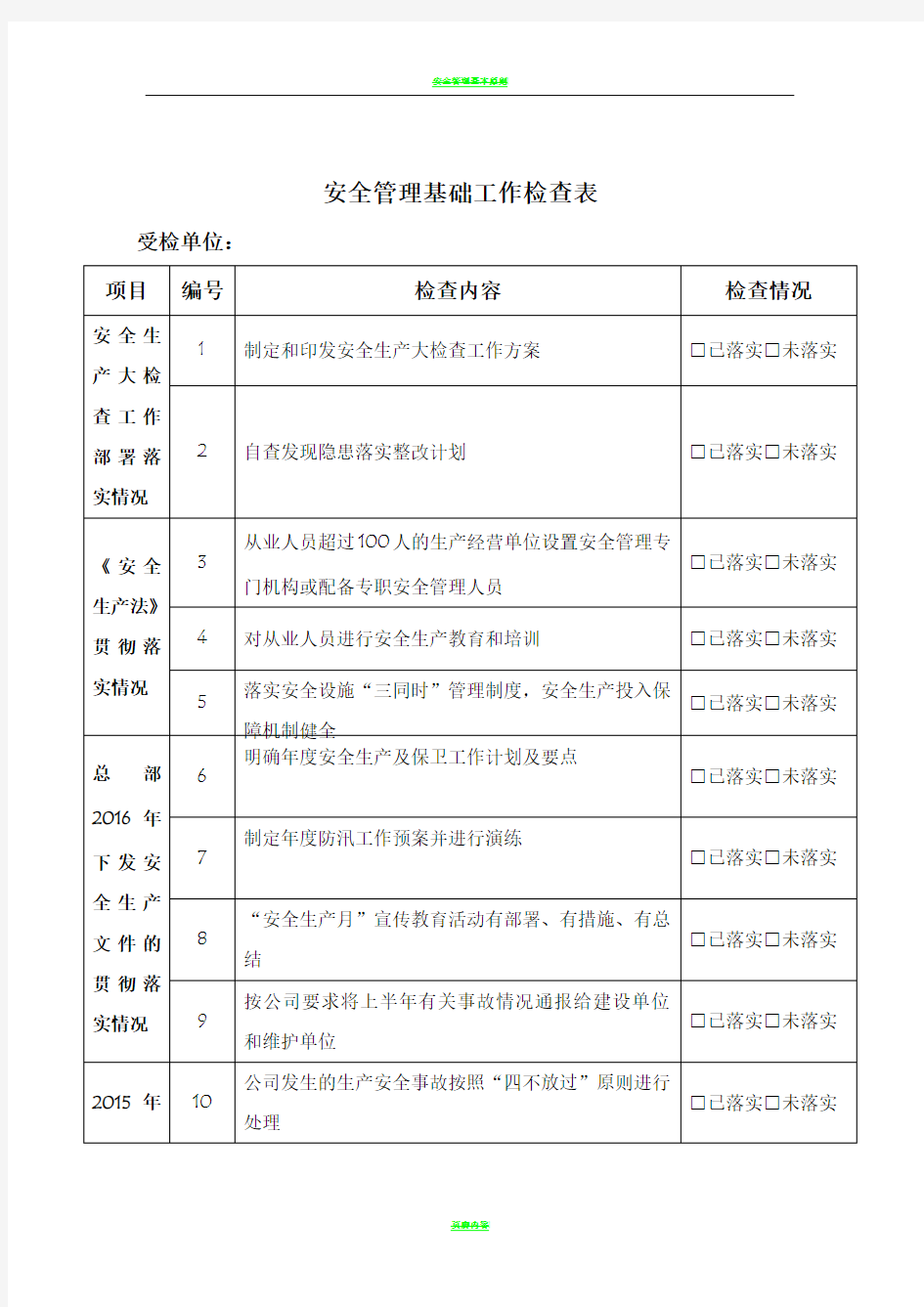 安全管理基础工作检查表