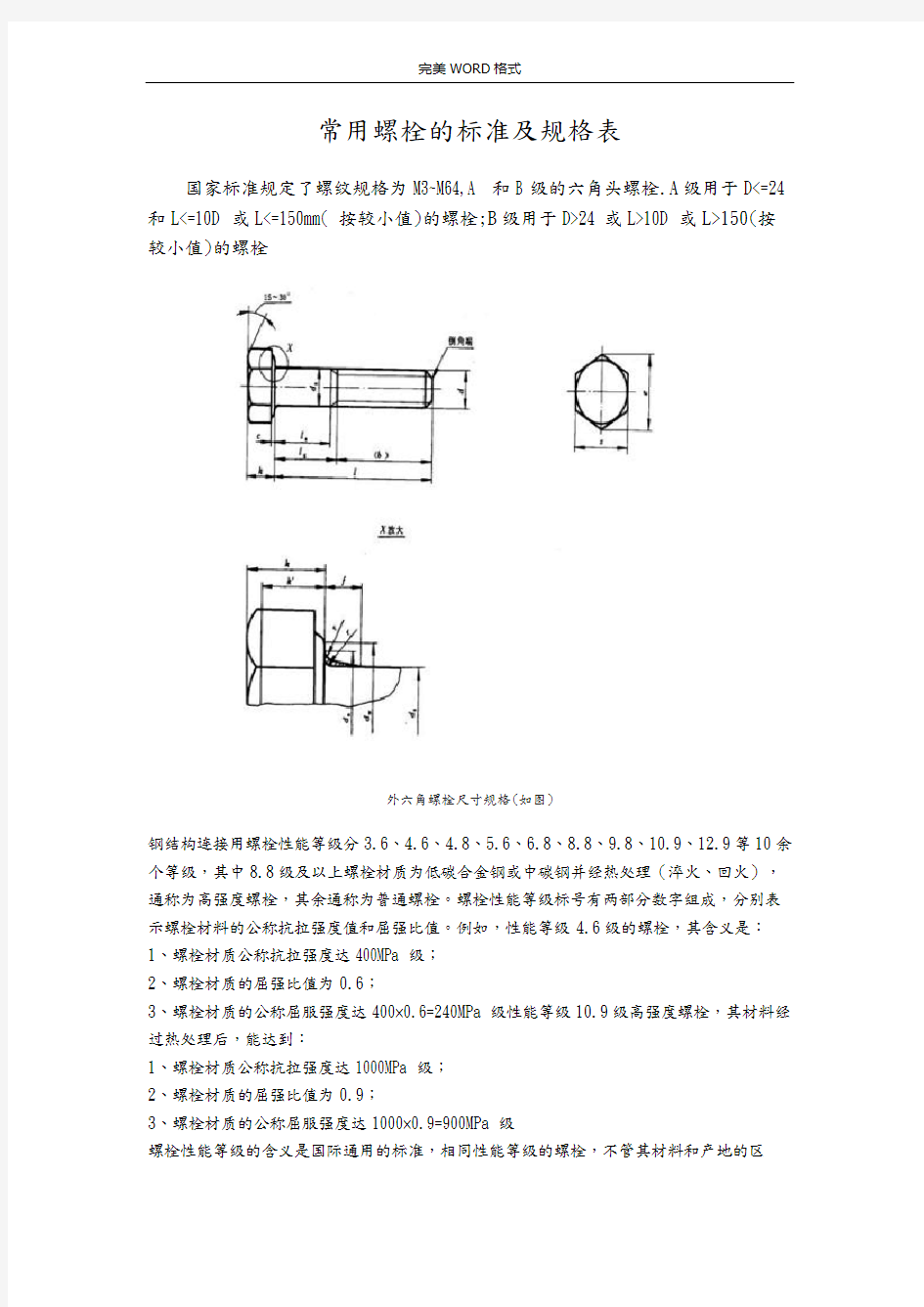 (完整版)常用螺栓的标准和规格表