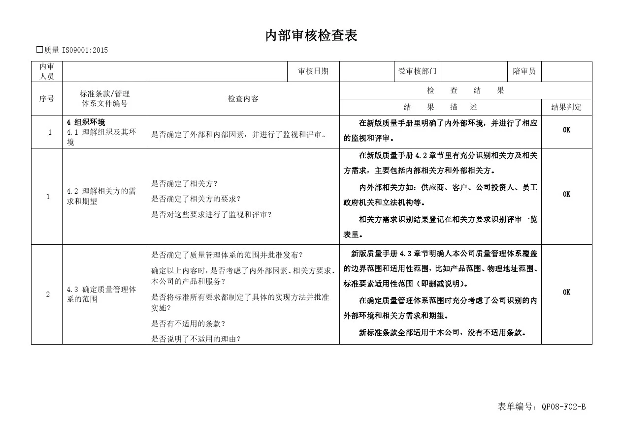 ISO 内审检查表 完整实例 记录 